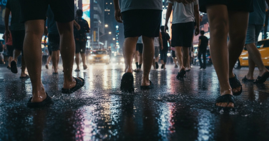 近來全台天氣大變天，民眾出門除了隨身攜帶雨具，腳上穿什麼鞋也成為一門學問。（示意圖／AI生成）