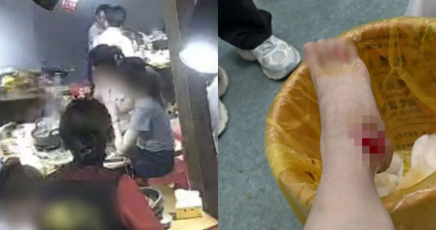 一對情侶在火鍋店內接吻時，不慎撞翻桌子、打翻火鍋，導致臨座一位女性顧客燙傷。（圖／翻攝微博）