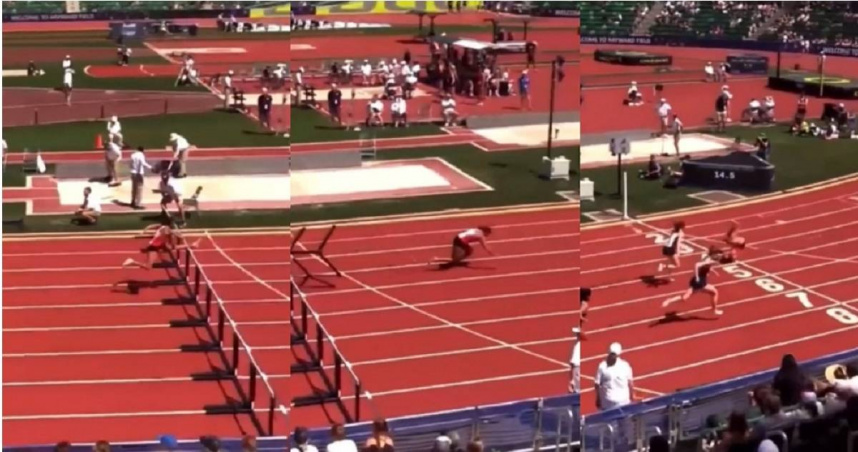 美國一場田徑錦標賽上出現奇蹟畫面，一名女高中生在跨欄決賽時，快到終點前摔倒，順勢進行2個前滾翻竟率先衝線，最後奪下金牌，引爆全場掌聲如雷。（圖／翻攝自X）