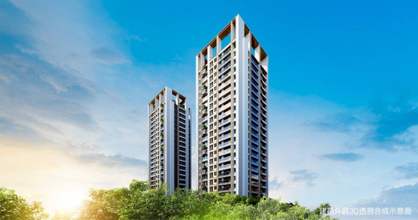 「永尚謙玥」22層科技雙塔地標，簡約俐落外型矗立黃金角地，享有百米生態街廓（圖／業者提供）。