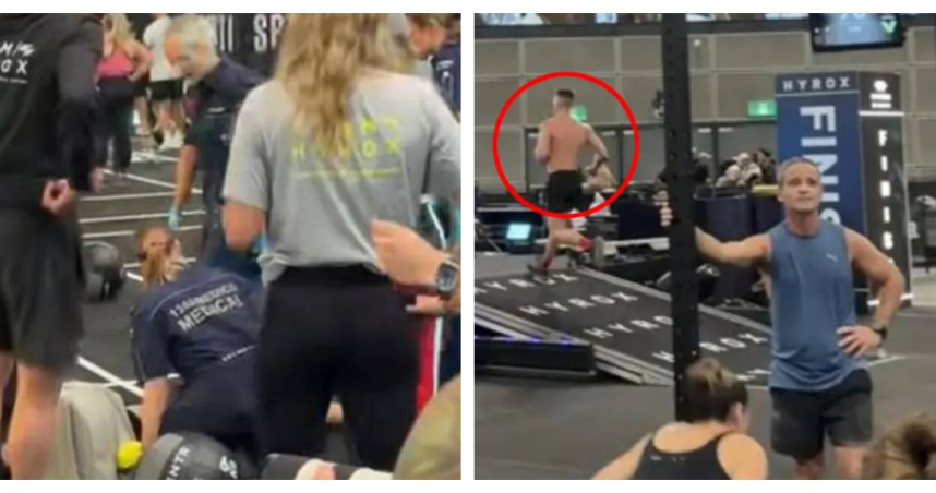 女選手倒地後抽搐不止，現場緊急戒護，男友卻在背景繼續比賽，引爆網友怒火。（圖／翻攝自TikTok@aaronboundy）