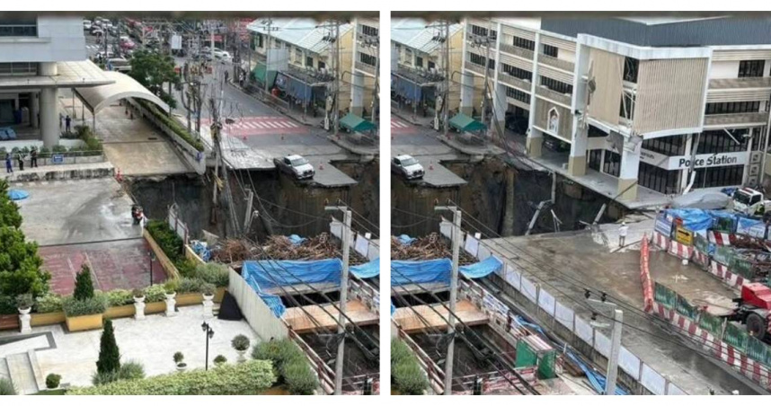 曼谷瓦集拉醫院前清晨突發道路塌陷，現場出現約50公尺深巨坑，警用車輛與電桿墜落坑中，所幸無人傷亡。（圖／翻攝自Khaosod）