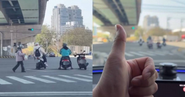 女騎士趁停等紅燈跑去買水果，回到機車時剛好變綠燈，影片在網路引發討論。（圖／翻攝自Threads／@kinyo1314520 授權）