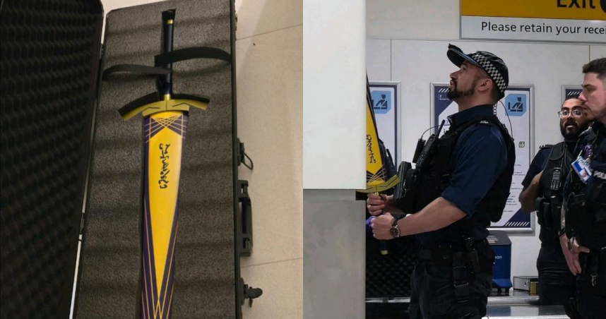 《Fate》粉絲攜帶聖劍模型入境英國，被海關誤認為攻擊性武器，甚至好奇舉起圍觀。（圖／翻攝自百度）