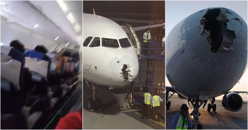 近日，印度一架載有227人的客機在飛行途中遭遇猛烈冰雹風暴，飛機機鼻被砸破了個大洞。幸好在專業機組人員全力維持飛行下，這架班機最終平安落地。（圖／翻攝X）