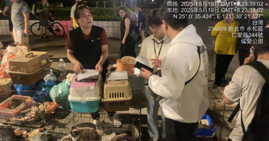 新北市政府動保處5月19日晚間接獲通報，在永和區仁愛公園有多隻狗貓連同籠具疑似遭棄置。（圖／新北市動保處提供）