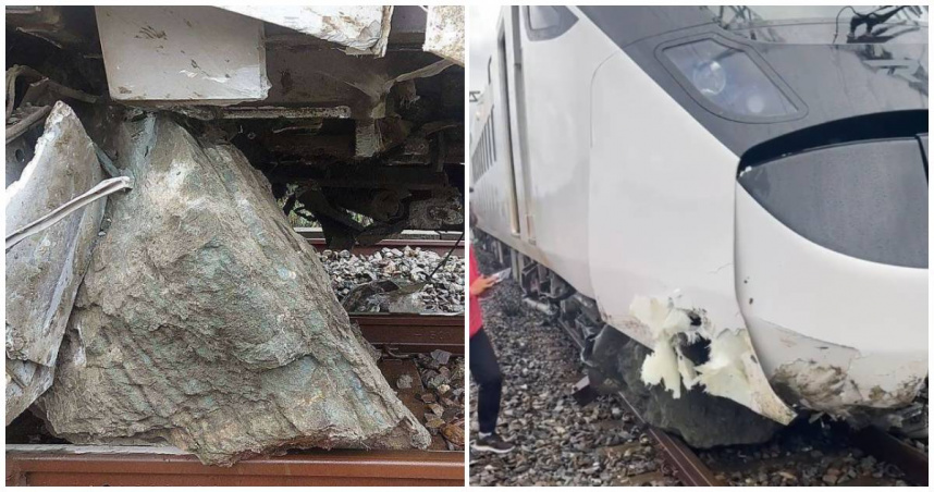 今（24）日下午，台鐵423次新自強號列車行經鹿野至山里路段K146處時，因撞擊軌道上落石造成車頭毀損、列車兩軸出軌，所幸車上約400位旅客無人受傷。（圖／翻攝Threads／wupunpun_1216、maggie.chen.585）