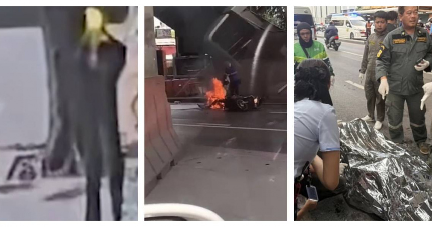 泰國曼谷札都甲區公車站驚傳駭人意外，一名21歲男子當街潑灑汽油後自焚，嚇壞學生與通勤民眾。（圖／翻攝自Amarin TV、YT，3 Plus News）