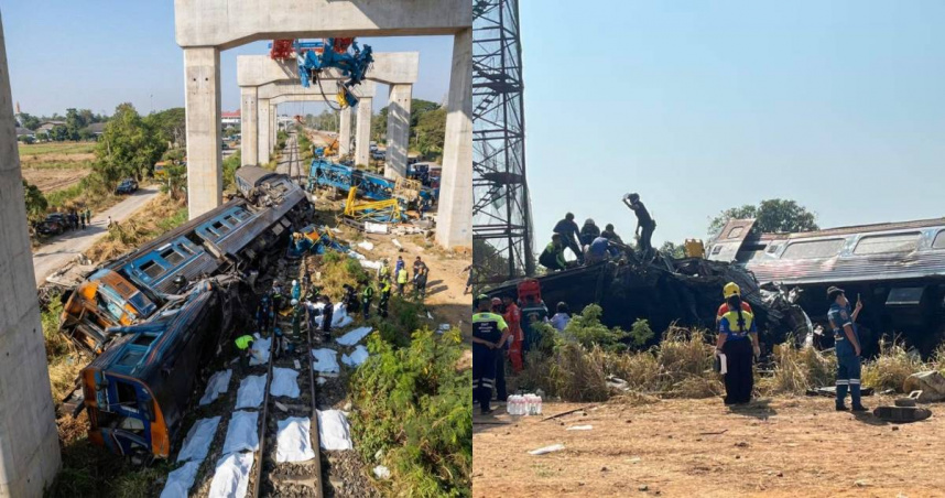 泰國呵叻府發生一起嚴重事故，造成列車脫軌並起火，已有至少22人因此喪命。（圖／翻攝自臉書／ทีม ข่าว-ภาพ อำเภอสีคิ้ว）