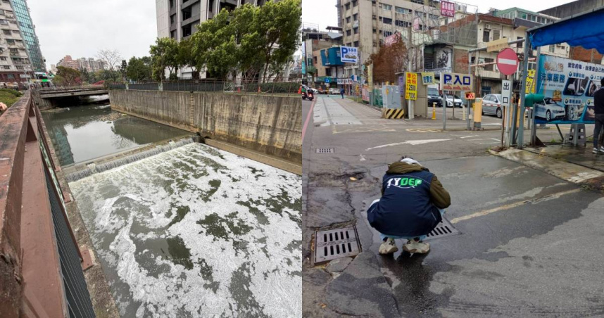 桃園市桃園區有加油站業者未經處理即排放洗車廢水，導致南崁溪出現大量泡沫。（圖／翻攝自桃園市環保局官網）