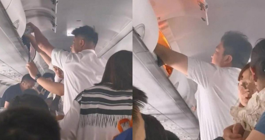近日大陸一架班機行李架上突然起火，原因為旅客的行動電源自燃。（圖／翻攝微博／頭條新聞）