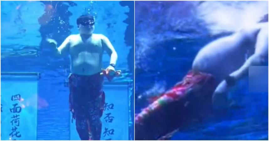 大陸山東省濟南市的一間水族館近日推出「新男版美人魚」，大叔舞者的啤酒肚在水中抖動的逗趣畫面，瞬間成為目光焦點。（圖／擷取自微博）