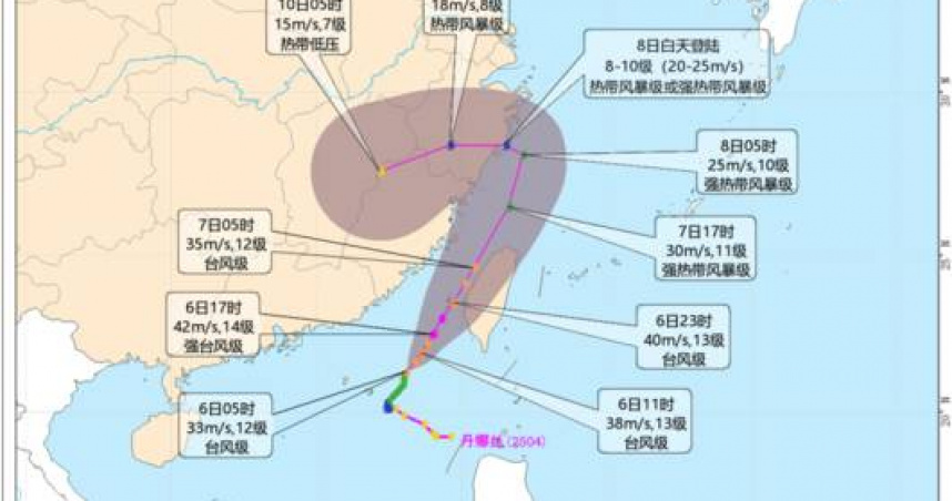 丹娜絲可能直撲浙江、福建一帶,出現罕見的「Z字型」路徑。(圖/翻攝自微博)