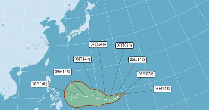 熱帶性低氣壓TD05今日下午2時的中心位置在北緯8.5度，東經149.5度，即在關島東南方750公里之海面上。（圖／氣象署）