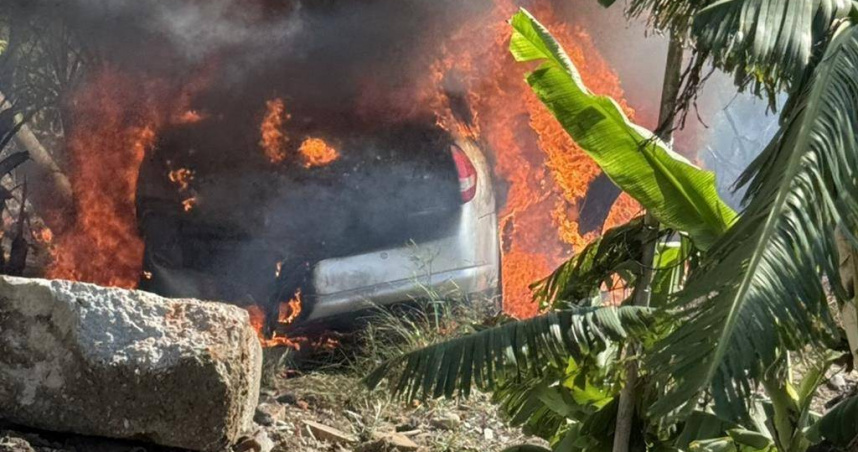 林姓男子疑疲勞駕駛，30日下午3時開車在後壁區與嘉義縣交界處自撞橋墩，車輛起火，幸好車上3人及時脫困，其中2人受傷送醫後無大礙。（圖／讀者提供）