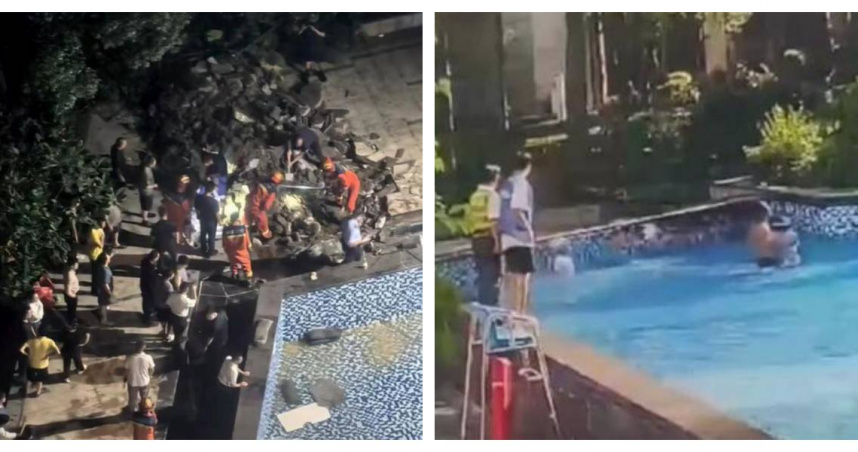 廣東清遠一處住宅社區泳池傳出意外，救援單位動用機具施救至深夜才尋獲失蹤女童。（圖／瀟湘晨報，下同）