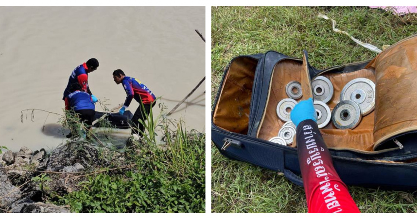 涉案行李箱外層以鐵鍊、鎖頭及束帶層層封死，箱內同時發現九塊槓鈴鐵片，總重量約15公斤。（圖／曼谷郵報）