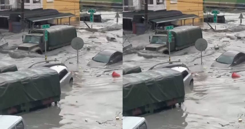 馬太鞍溪溪堰塞湖23日下午潰堤溢流，大量泥水衝進光復市區。（圖／翻攝畫面）