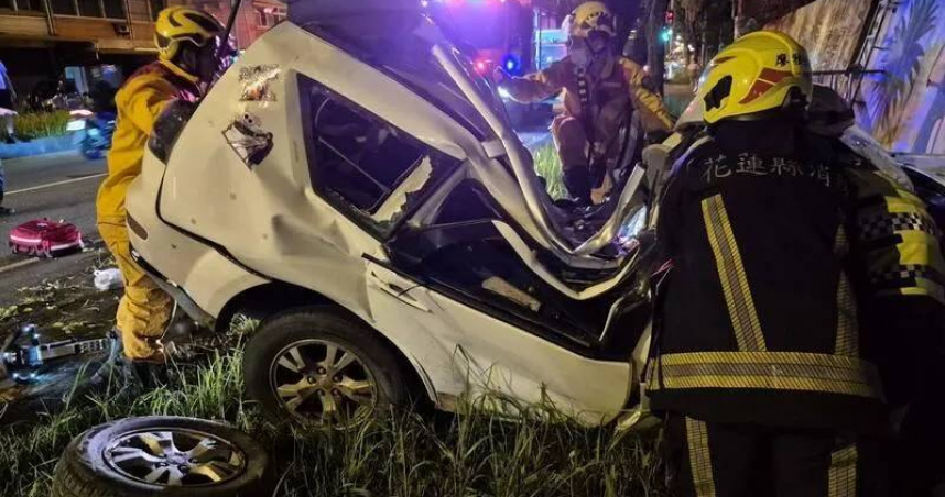 花蓮縣吉安鄉吉豐路三段30日晚間發生一名女子酒駕自撞，造成車上6人一度受困。（圖／翻攝畫面）