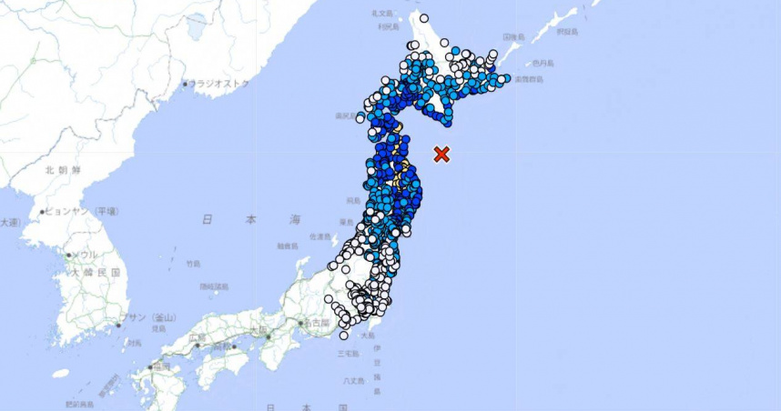 日本青森東岸外海今上午11時許發生規模6.7地震。（圖／翻攝自日本氣象廳）