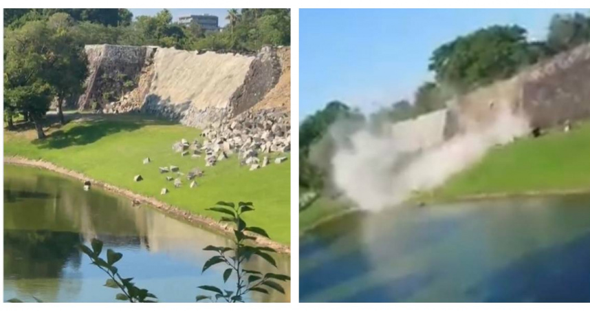 日本熊本縣發生規模7.1強震，熊本城部分石牆應聲崩塌，現場揚起大量煙塵。（圖／翻攝自X， @daguvxmu、@sirokumadio）