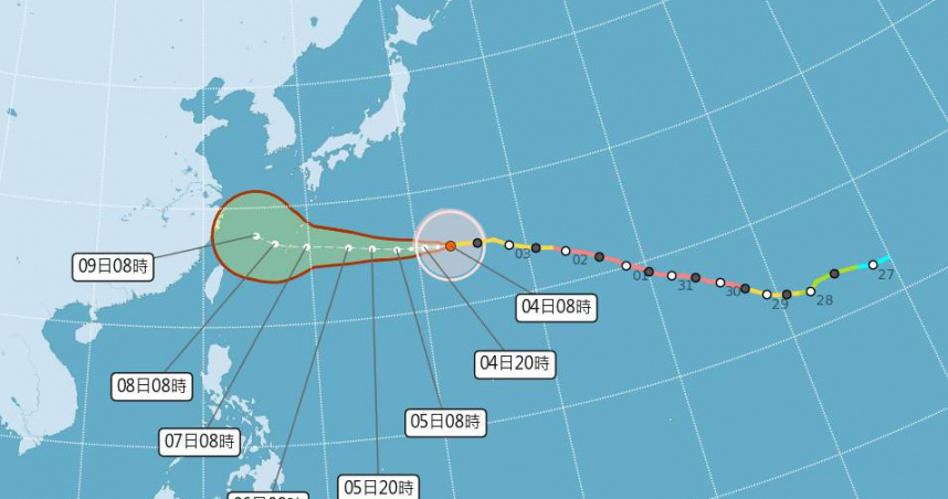 氣象署指出，白海豚今天（4日）上午8時中心位於北緯25.1度、東經143.1度，以每小時20公里速度向西前進。（圖／氣象署）