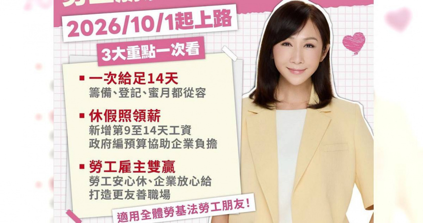 許淑華表示，「給新人多一點時間，勞工婚假8天變14天！」（圖／截自許淑華臉書）