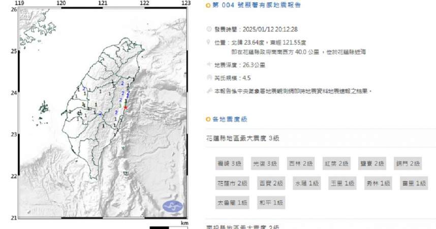 12日晚間8時12分，花蓮縣近海發生芮氏規模4.5地震。（圖／翻攝中央氣象署）