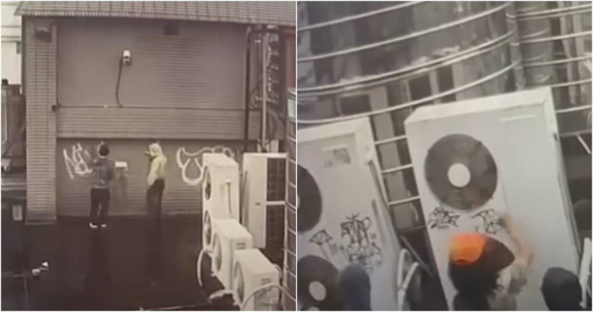近日，2名日籍滑板選手來台旅遊並參加極限運動表演，卻在酒後闖入大安區某間大樓，在頂樓頂樓外牆、冷氣室外壓縮機及電梯內以噴漆或持馬克筆進行塗鴉。（圖／翻攝畫面）