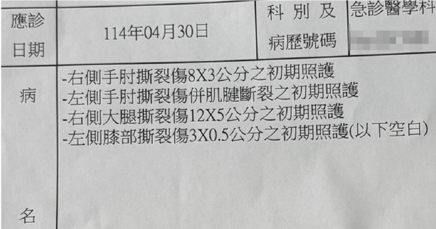 陳男在仁德服務區休息下車抽菸遭砍傷，傷勢集中在四肢，但向警方表示暫不提出告訴。（圖／摘自爆料公社）