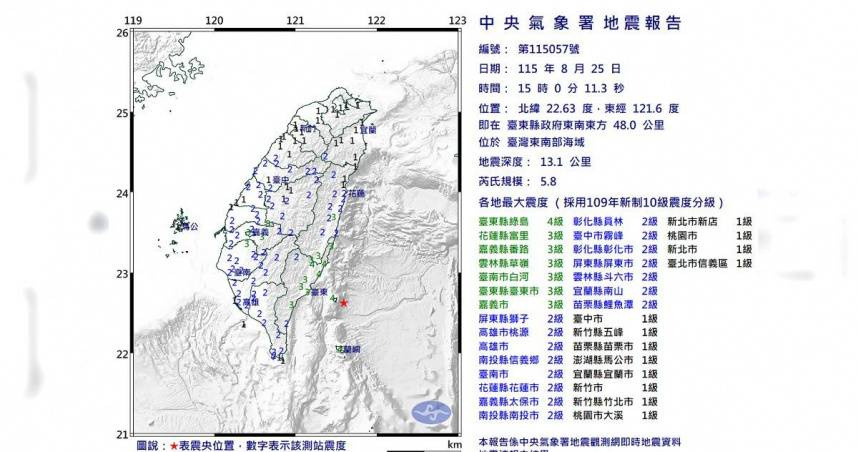 台灣東南部海域25日下午發生規模5.8極淺層地震。（圖／氣象署）