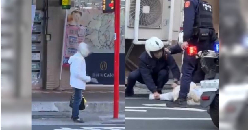 新北市板橋區有一名白髮婦人在等公車時，手持菜刀不斷揮舞，周遭路人全嚇壞，警方獲報後到場將其壓制，帶回警局調查。（圖／翻攝自Threads／立達徵信社）