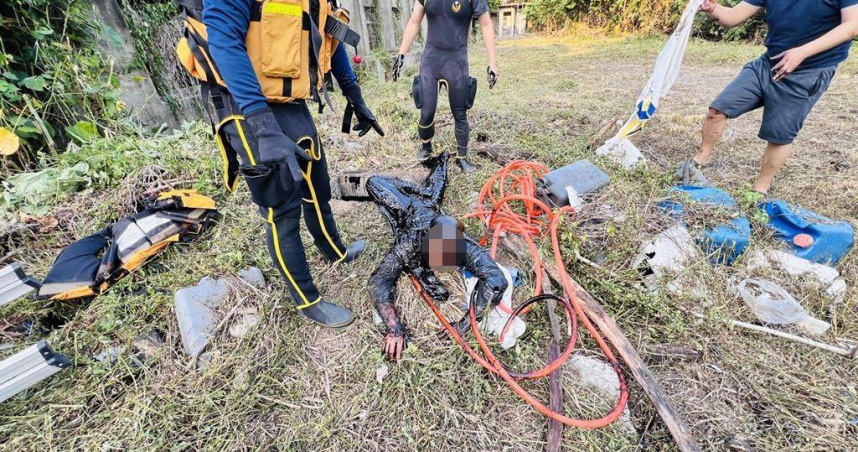 男子獲救被拉出身上看似卡著厚重油汙。（圖／中國時報民眾提供）