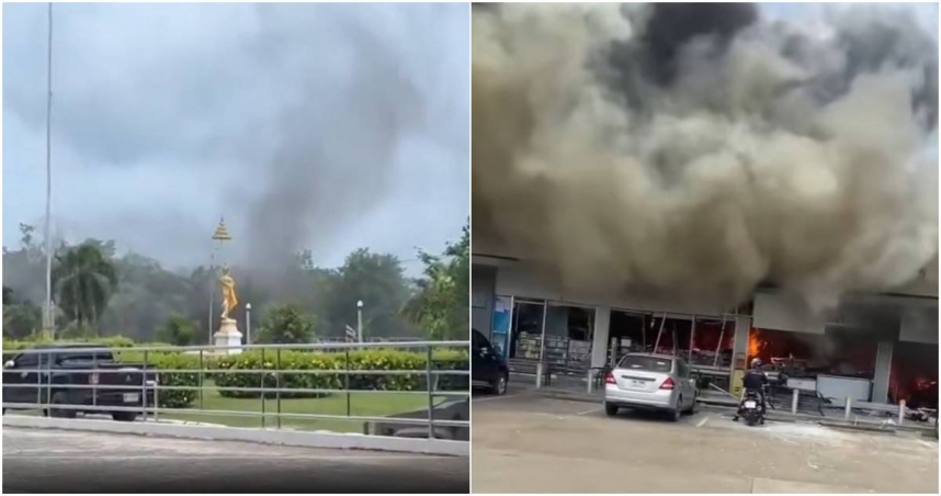 柬埔寨攻擊泰國帕農東拉縣（Phanom Dong Rak）的醫院（左），以及四色菊府干他拉叻縣1處加油站（右）。（合成圖／翻攝自泰國皇家軍隊第二軍區Facebook、Thai Enquirer X平台）