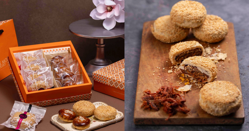 Home Mom Bakery的三Q餅（右）帶有淺金黃色澤、餅皮酥脆鬆化，選購「三Q 2 MUCH禮盒」一次包含三Q餅和流心麵茶甜燒餅。（圖／Home Mom Bakery提供）