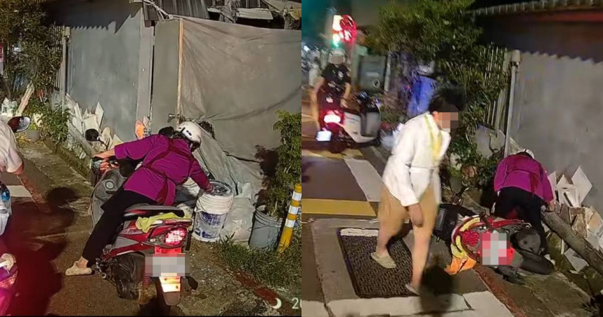一名阿婆騎車停等紅燈時彎腰翻動路邊的雜物，怎料機車突然暴衝，阿婆也從機車上摔下來。（圖／翻攝自臉書／八卦村 - 行車紀錄器影片上傳中心）
