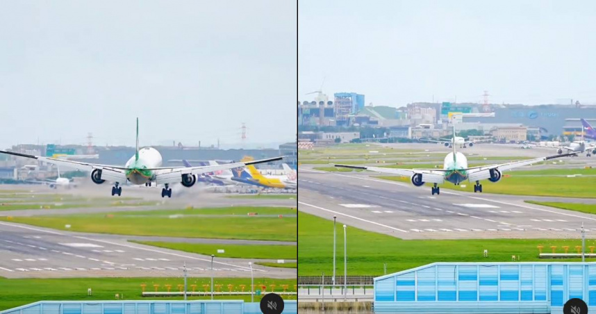 長榮777客機昨在嘗試降落時，遭到強風干擾，機輪一度搖晃接觸跑道。（圖／Threads／@spicykimchi）