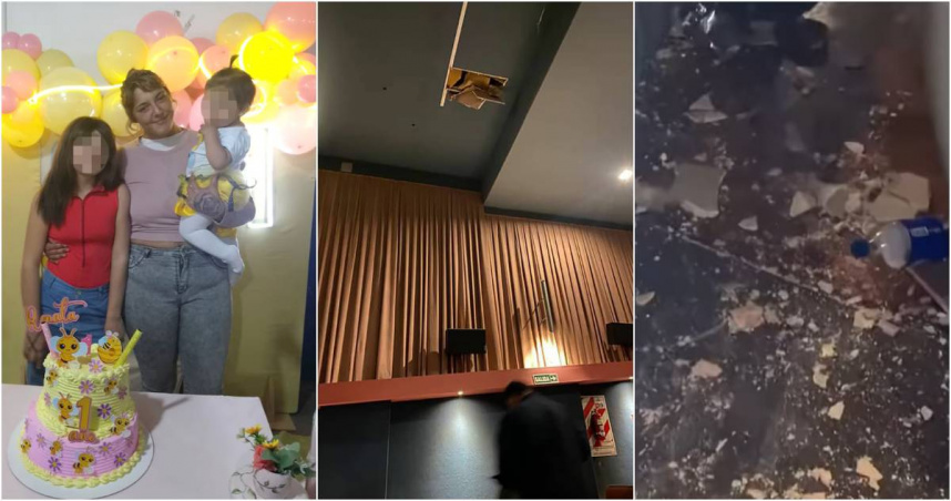 在阿根廷，一名媽媽帶著女兒在電影院觀看電影《絕命終結站：血脈》時，頭頂上的天花板突然塌陷，砸在這位媽媽身上。（圖／翻攝Ｘ）
