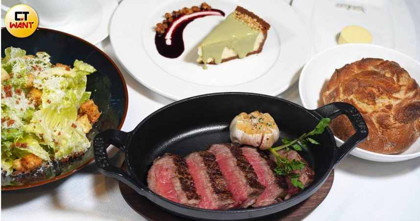 個人商業午間套餐「美國頂級紐約客牛排」可搭配前菜、甜點各一，以及佐餐麵包與咖啡或茶。（1,480元／6oz，圖／魏妤靜攝）