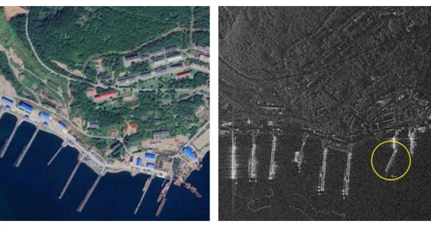 衛星影像顯示，俄羅斯堪察加半島的雷巴奇核潛艦基地碼頭遭海嘯衝擊後變形，專家質疑其結構耐災能力。（圖／Umbra Space）