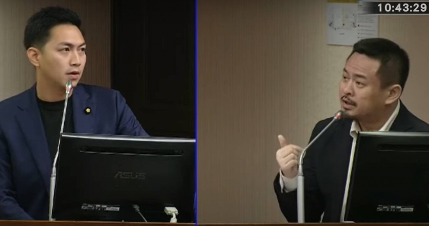 廖偉翔（圖左）一再逼問「是誰批准零日攻擊導演拿就安基金開口契約」，只見洪申翰跳針式的回答「他上任後已檢討」，但就是拒絕提供當初批准契約官員的姓名（圖／國會頻道）