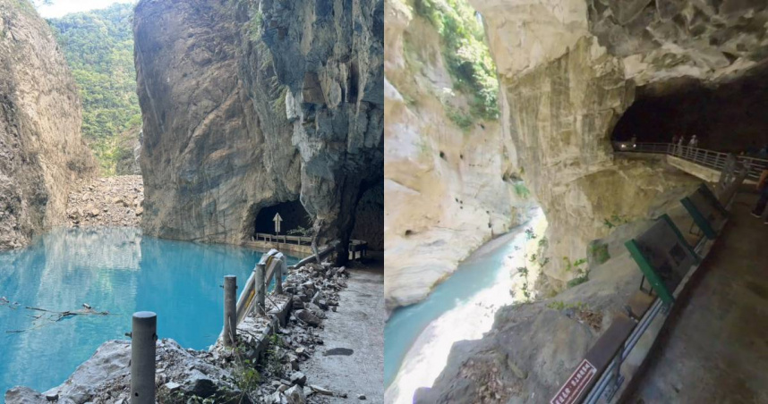 太魯閣燕子口步道今昔對比。右圖攝於2022年7月。（圖／翻攝自林保署花蓮分署臉書、Google Maps）