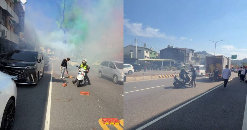 有宮廟人員沿街擺放並點燃爆竹。（圖／翻攝自臉書／陳信亞追廟會）