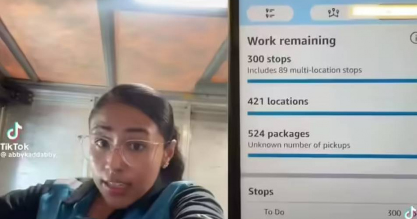 Amazon配送司機單日需配送524件包裹、300個停靠點，工作量引發關注。（圖／翻攝自Tik Tok，abbykaddabby_）