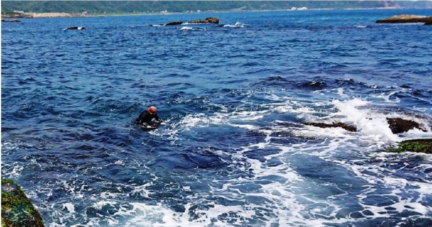 海女婆婆不懼海浪的衝擊俯身潛入海中摘採老天爺賞賜的海中珍品-新北石花菜。（圖／新北市漁業處提供）