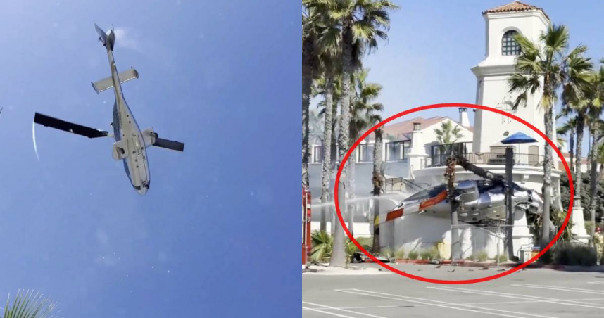 美國杭亭頓海灘驚傳直升機墜落事故，機體卡在棕櫚樹間，現場民眾目擊全程。（圖／翻攝自X／@CollinRugg）