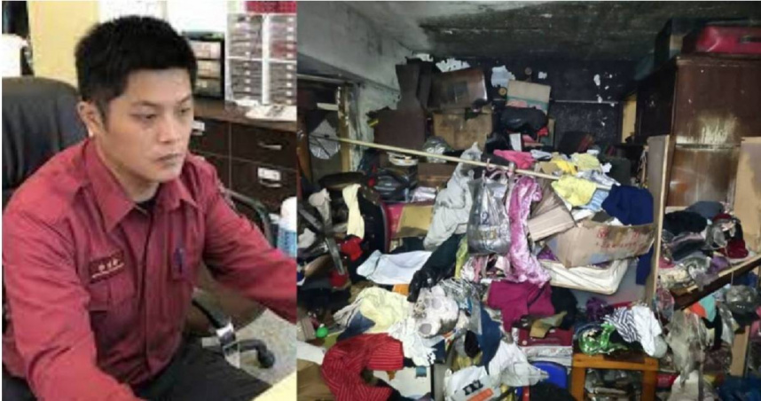 詹能傑殉職，火場中堆滿了大量衣物與雜物。（圖／翻攝畫面）