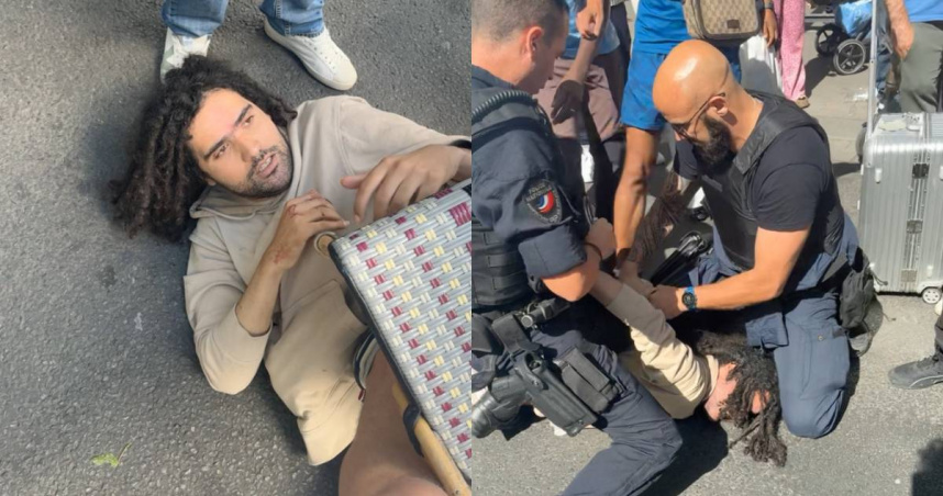 法國巴黎驚傳街頭持刀攻擊事件，一名長髮男子遭壓制逮捕。（圖／達志／路透社）