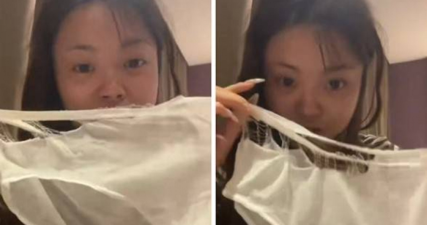 大陸一名女子購買連鎖品牌的一次性內褲，沒想到穿上後竟發生內褲本體與腰部鬆緊帶分離的情況。（圖／翻攝自抖音）