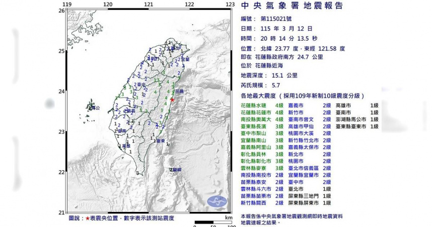昨（12日）晚間花蓮縣近海發生芮氏規模5.7地震。（圖／中央氣象署提供）